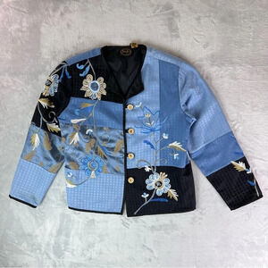Julia Kim Mixed Media Jacket Medium Embroidered Blue Black Art To Wear Teacher